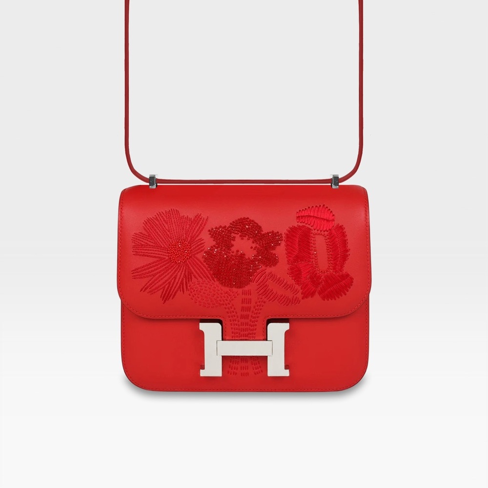 Hermès - Constance 18 - Rouge De Coeur Dancing Flowers Embroidered Swift